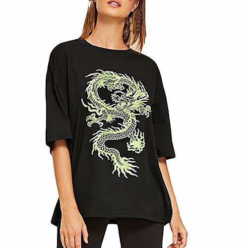 

women fashion chinese dragon print kaidou short sleeve o-neck t-shirt loose tops black