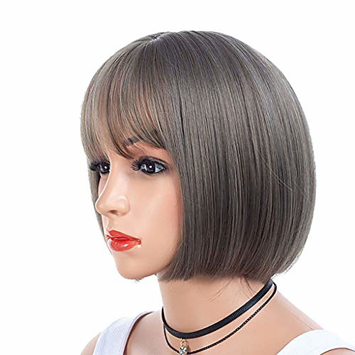 

lotus.flower natural short bob grey wig synthetic heat resistant fiber full end wig natural hairpiece for women hair (grey)
