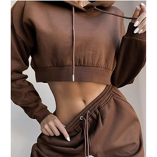 

Women's 2 Piece Cropped Tracksuit Sweatsuit Street Athleisure Long Sleeve 2pcs Winter Elastane Thermal Warm Breathable Soft Fitness Gym Workout Running Jogging Training Sportswear Solid Colored Normal