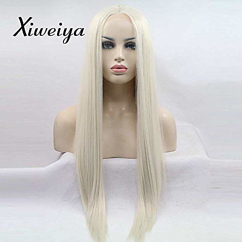 

xiweiya long straight blonde wig natural look long blonde hair wig light blonde silky straight wig with middle parting glueless synthetic blonde lace front wigs heat resistant fiber 28 inch