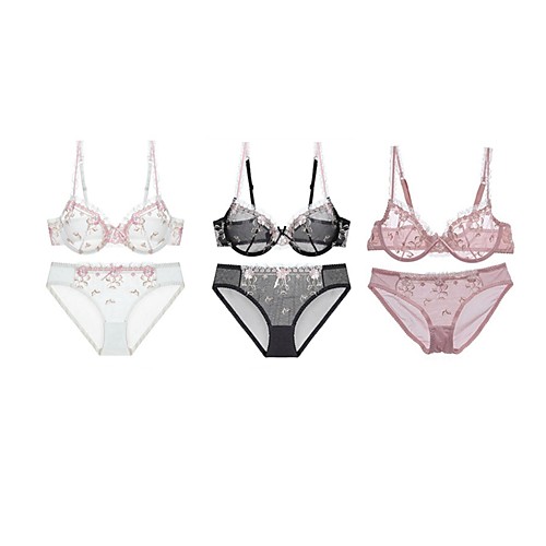 

Women's Underwire Bra 3/4 Cup Bra & Panty Set Embroidery Bowknot White Black Blushing Pink