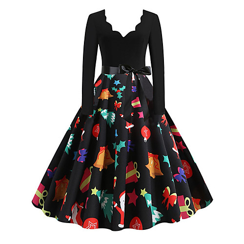 

Women's Swing Dress Knee Length Dress Blue 2 Black Blue Purple Red Red Wine Green Green 2 Long Sleeve Print Patchwork Print Fall Spring V Neck Elegant Vintage 2021 S M L XL XXL 3XL