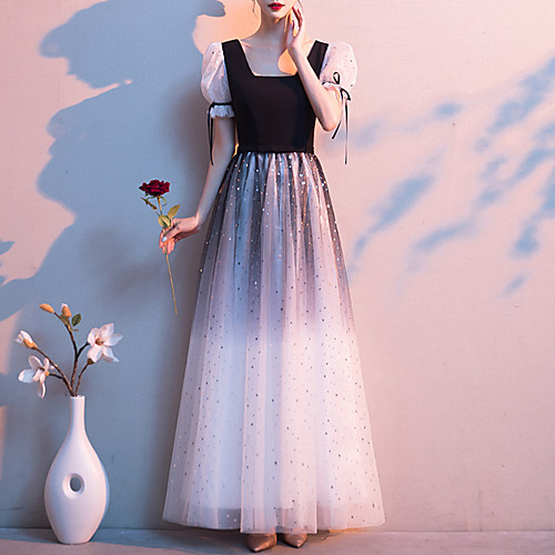 

A-Line Color Block Glittering Wedding Guest Formal Evening Dress Scoop Neck Short Sleeve Floor Length Tulle with Sequin 2021