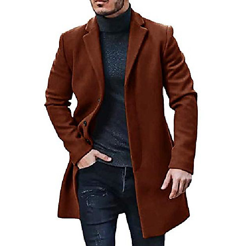 

mens classic notched collar blend coats winter pea coat slim fit trench business overcoat brown