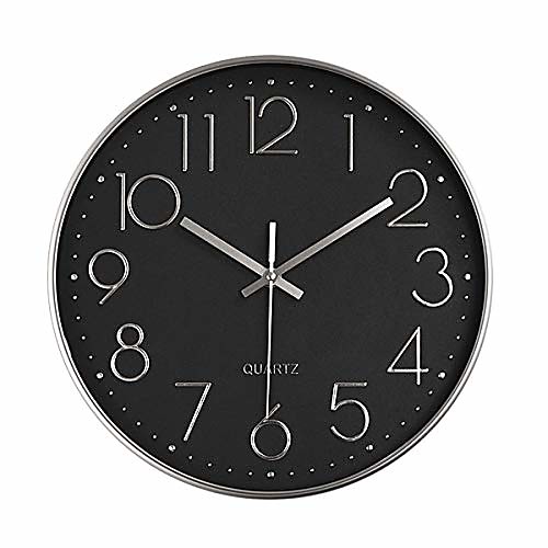 

battery operated silent non-ticking wall clock digital quiet sweep office decor clocks, silver plastic frame glass cover