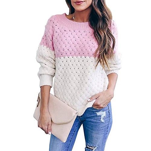 

Women's Knitted Color Block Pullover Long Sleeve Sweater Cardigans Crew Neck Fall Winter Black Blue Blushing Pink