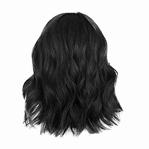 

clearance short wavy bob wig for black women middle part curly full hair wig with air bangs heat resistant synthetic fiber cosplay party wig (black)
