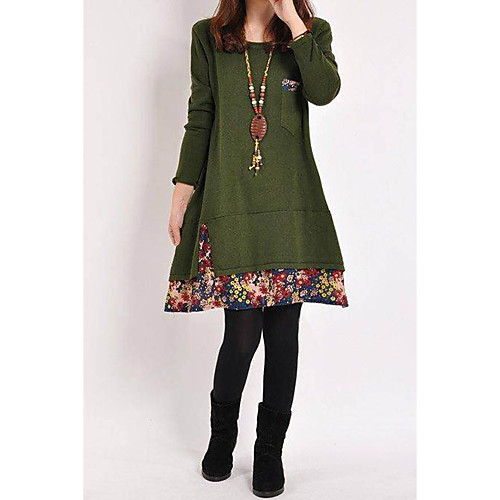

Women's Shift Dress Short Mini Dress Army Green Long Sleeve Solid Color Patchwork Fall Round Neck Casual 2021 M L XL XXL 3XL