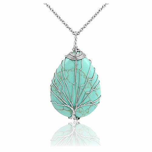 

healing crystals synthetic green turquoise teardrop gemstone necklace tree of life silver copper wire wrapped pendant necklaces reiki quartz jewelry for womens