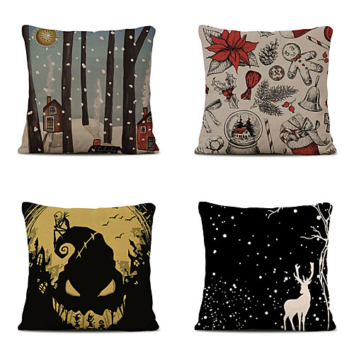 

Set of 4 Linen Pillow Cover Cartoon Traditional Christmas Throw Christmas Hat Snowflake Elk Christmas Gift Pillow 4545cm