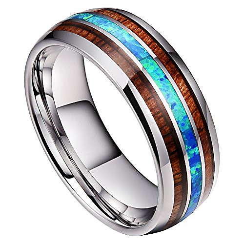 

8mm mens tungsten carbide ring real blue opal rare koa wood inlay wedding band high polished (10)