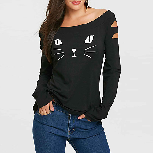 

Women's T-shirt Cat Long Sleeve Cut Out Off Shoulder Tops Cotton Basic Basic Top Black Red