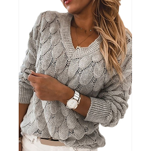 

Women's Hollow Out Knitted Solid Color Pullover Long Sleeve Sweater Cardigans V Neck Fall Black Blue Red