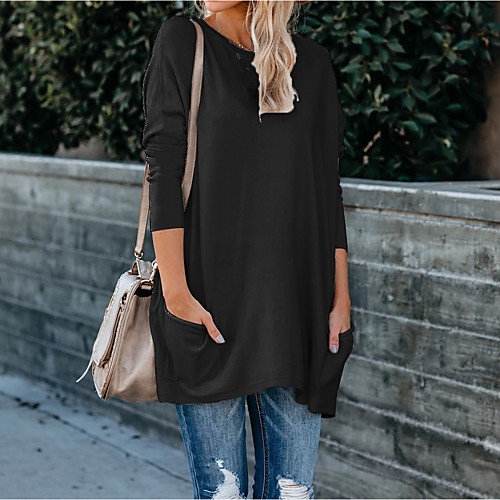 

Women's Blouse Plain Long Sleeve Patchwork Round Neck Tops Cotton Basic Basic Top White Black Red
