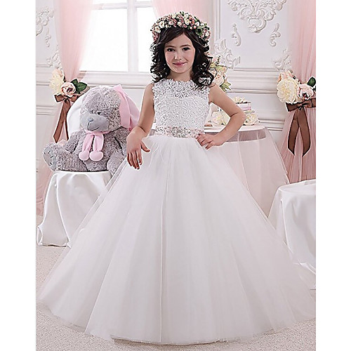 

Princess / Ball Gown Floor Length Party / Wedding Flower Girl Dresses - Lace / Tulle Sleeveless Jewel Neck with Sash / Ribbon / Pleats / Solid