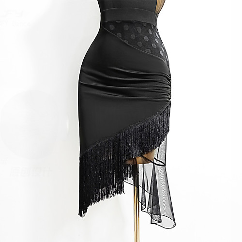 

Latin Dance Skirts Tassel Split Joint Women's Training Performance Mesh Milk Fiber