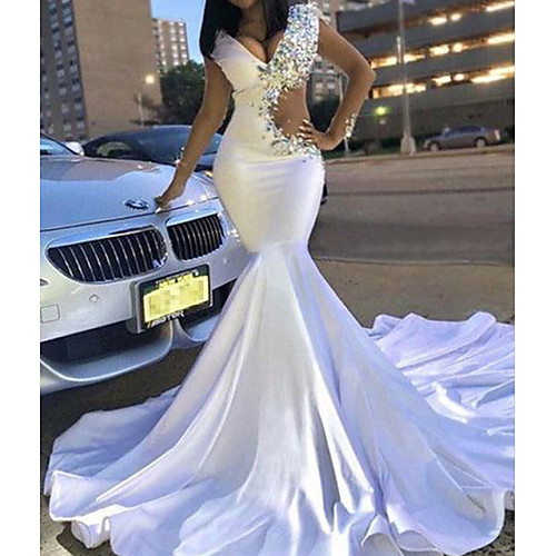 

Mermaid / Trumpet Glittering Sexy Engagement Formal Evening Dress V Neck Long Sleeve Chapel Train Stretch Satin with Beading 2021