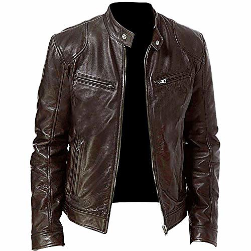 

men's vintage stand collar jacket casual long sleeve faux coat classic regular fit pu jackets retro style full zip up outwear