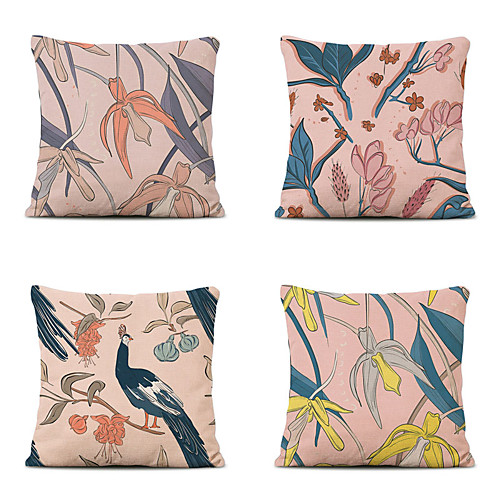 

Cushion Cover 4PC Linen Soft Decorative Square Throw Pillow Cover Cushion Case Pillowcase for Sofa Bedroom 45 x 45 cm (18 x 18 Inch) Superior Quality Mashine Washable Flowers Bird Pattern