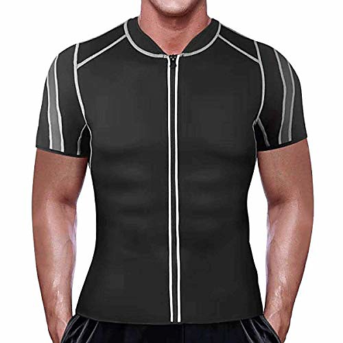 

men weight loss workout short sleeve shirt neoprene waist trainer body shaper sweat sauna vest with zipper (black, 4xl)