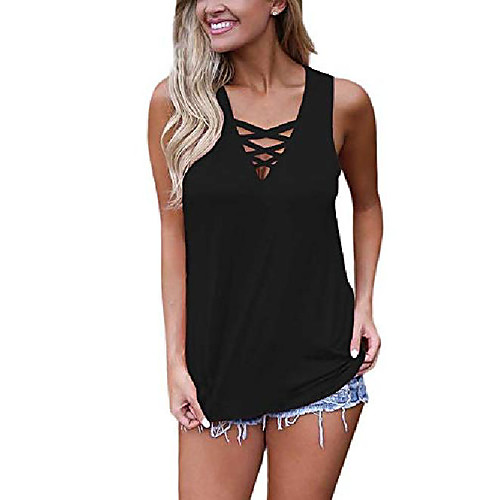 

women's summer tank tops criss cross casual solid sleeveless lace up blouse (x-large, black)