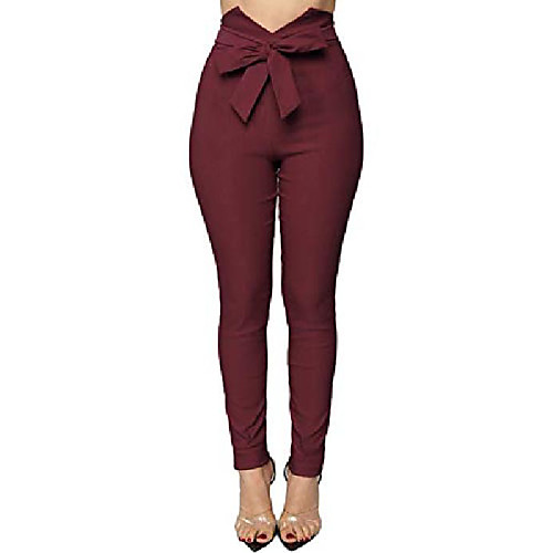 

women's v cut paper bag waist pants trousers with front bow tie winered small