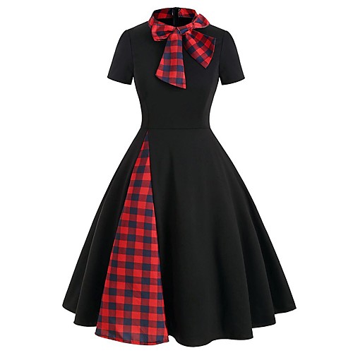 

Women's A Line Dress Knee Length Dress Black Green Short Sleeve Check Patchwork Bow Print Spring Summer Round Neck Casual 2021 S M L XL XXL