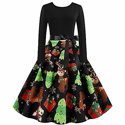 

women's long sleeves xmas print dress 1950s retro vintage rockabilly cocktail party christmas flared swing dress