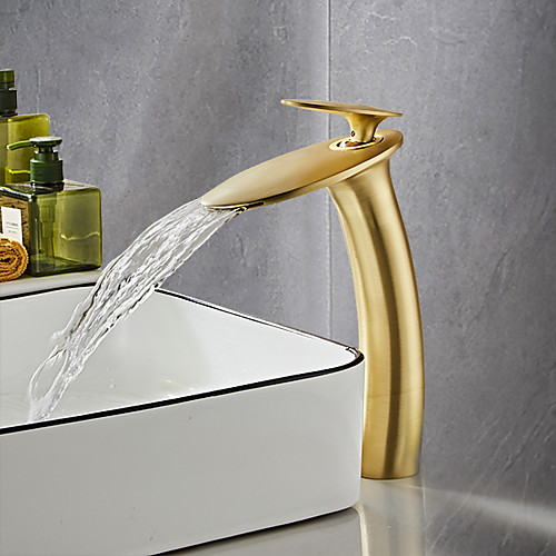 

Brushed Gold Waterfall Bathroom Sink Faucet with Supply Hose,Single Handle Single Hole Vessel Lavatory Faucet,Slanted Body Basin Mixer Tap Tall Body Commercial
