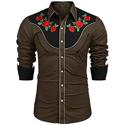 

men's embroidered rose design western shirt long sleeve button down shirt(army green,m)