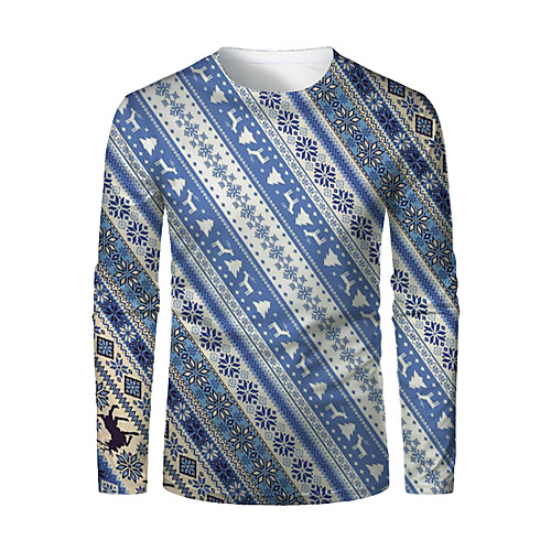 

Men's T shirt 3D Print Striped Graphic 3D Print Long Sleeve Christmas Tops Light Blue