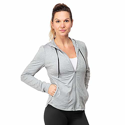 

women's full zip stretch hoodie - spandex activewear with upf 50 uv sun protection - lighweight hooded sweatshirt for the gym, yoga and outdoors grey