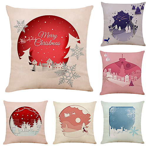 

Set of 6 Simple Christmas Linen Square Decorative Throw Pillow Cases Sofa Cushion Covers 18x18