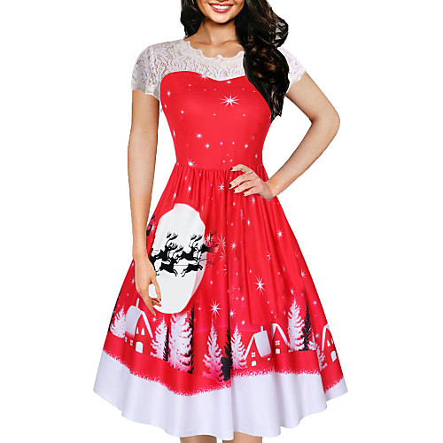 

Women's A Line Dress Knee Length Dress Red Short Sleeve Print Clothing Spring Round Neck Hot Elegant Christmas 2021 S M L XL XXL
