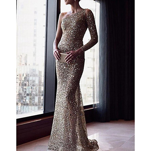 

Women's Sheath Dress Maxi long Dress Silver Long Sleeve Solid Color Backless Sequins Patchwork Fall Summer One Shoulder Sexy Party Slim 2021 S M L XL XXL