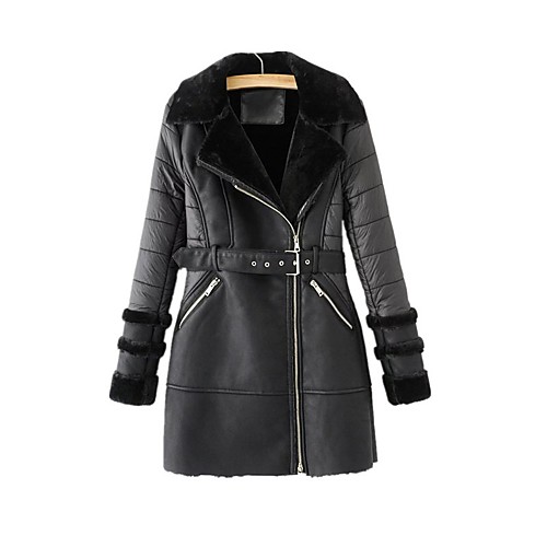 

Women's Solid Colored Basic Fall & Winter Coat Long Daily Long Sleeve PU Coat Tops Black
