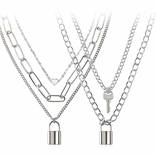 

lock chain necklace, egirl chains, statement lock key pendant necklace silver set eboy long multilayer chains punk choker 2 set(5 layer)