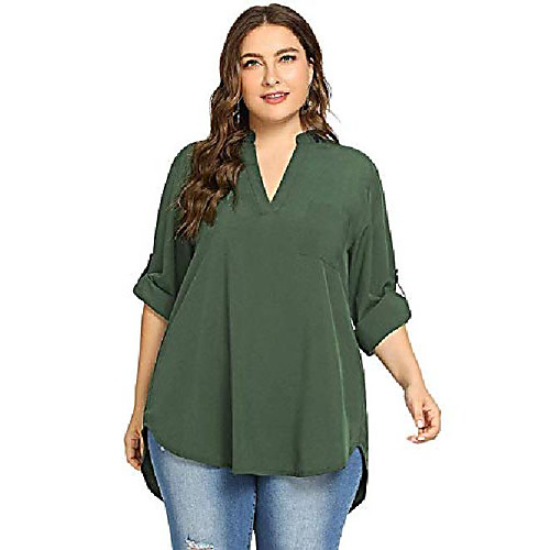 

women's plus size v neck rolled up long sleeve high low hem loose blouse shirt top green 4x-large plus