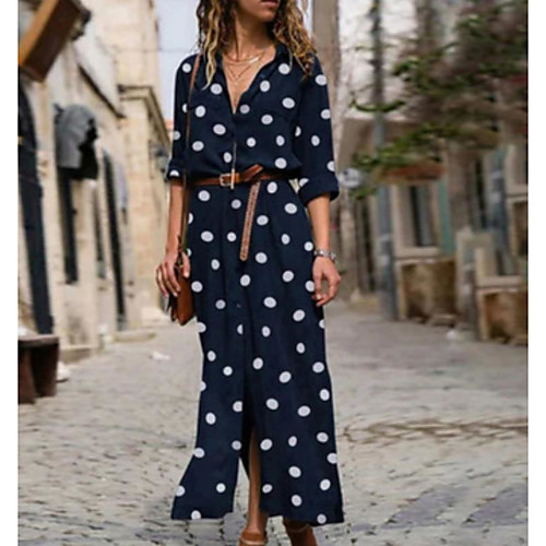 

Women's Shift Dress Maxi long Dress Blue Red Green Long Sleeve Polka Dot Patchwork Print Fall Spring V Neck Casual Sexy Loose 2021 S L XL XXL