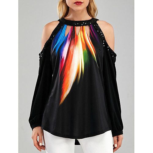 

Women's Blouse Shirt Color Gradient Long Sleeve Sequins Cut Out Print Round Neck Tops Sexy Basic Top Black