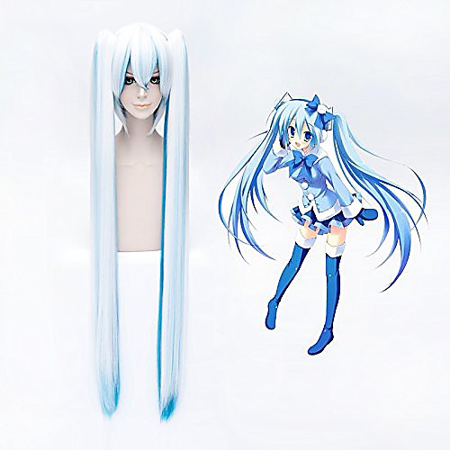 

43inch/110cm women long anime straight ombre white and blue bangs wig with 2 clip on ponytails for hatsune miku vocaloid cosplay costume synthetic hair wigs