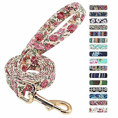 

floral dog leash for small medium large dogs - durable strong nylon light-weight dog leash,5ft/150cm,cream pink