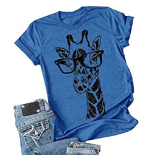 

women casual crewneck giraffe graphic printed t shirt summer short sleeve shirt tops blue