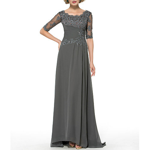 

Sheath / Column Mother of the Bride Dress Elegant Sparkle & Shine Jewel Neck Sweep / Brush Train Chiffon Half Sleeve with Beading Sequin Appliques 2021