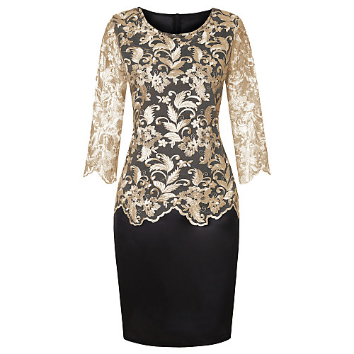 

Women's Sheath Dress Knee Length Dress Gold Silver Half Sleeve Print Solid Color Embroidered Mesh Lace Spring Summer Round Neck Formal 2021 S M L XL XXL 3XL 4XL 5XL / Plus Size