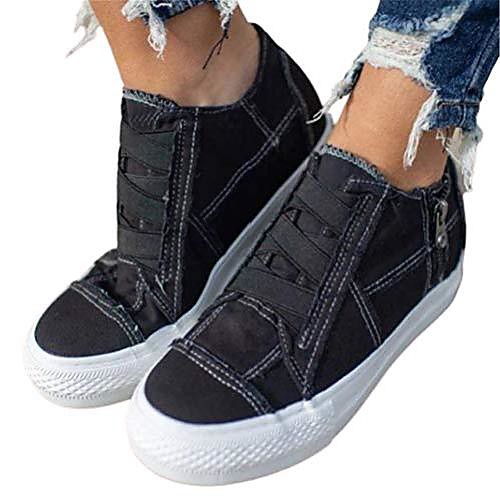 

women wedges canvas shoes round toe retro platform sneakers casual zip walking shoes black