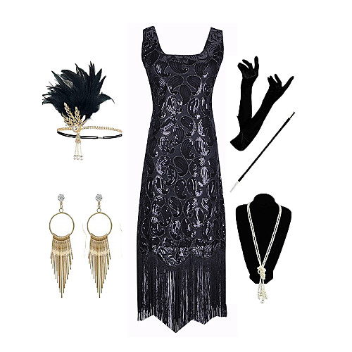 

The Great Gatsby 1920s Vintage Vacation Dress Flapper Dress Outfits Masquerade Prom Dress Women's Tassel Fringe Costume Black Vintage Cosplay Party Prom / Gloves / Headwear / Necklace / Earrings