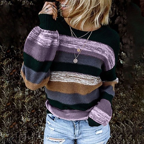 

Women's Knitted Striped Pullover Long Sleeve Sweater Cardigans Crew Neck Fall Blue Purple Yellow