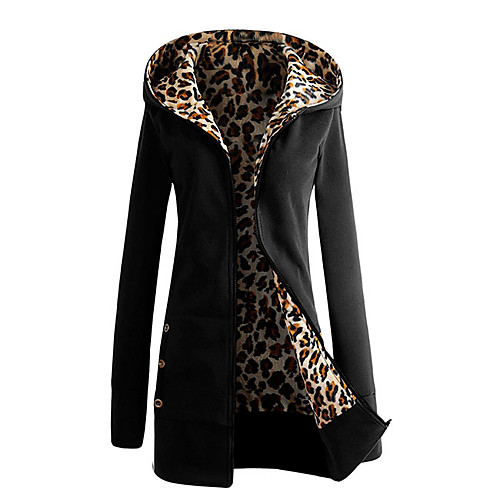 

Women's Jacket Casual Daily Fall Winter Regular Coat Hooded Regular Fit Warm Breathable Basic Casual Jacket Long Sleeve Leopard Print Pocket Black