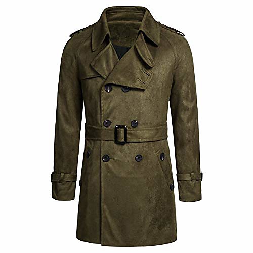 

men's classical double breasted trench coat lapel slim fit mid long belted windbreaker jacket army green